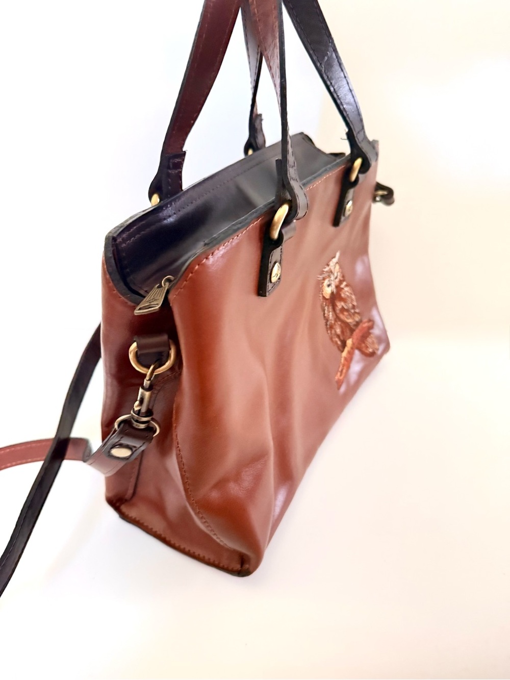 Patricia Nash Moggie Leather Satchel Owl Embroidery Tote Crossbody Rare - Picture 5 of 10